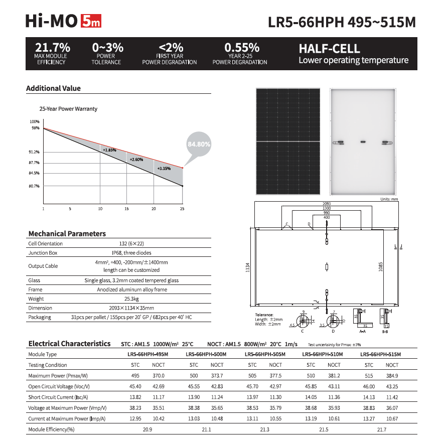 Panel Solar Monocristalino - Marca LONGi 500Watts